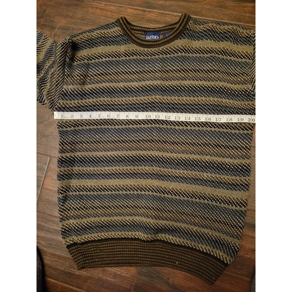 Puritan Vintage Mens Small Striped Knit Sweater Brown Blue Crew Neck  1319
